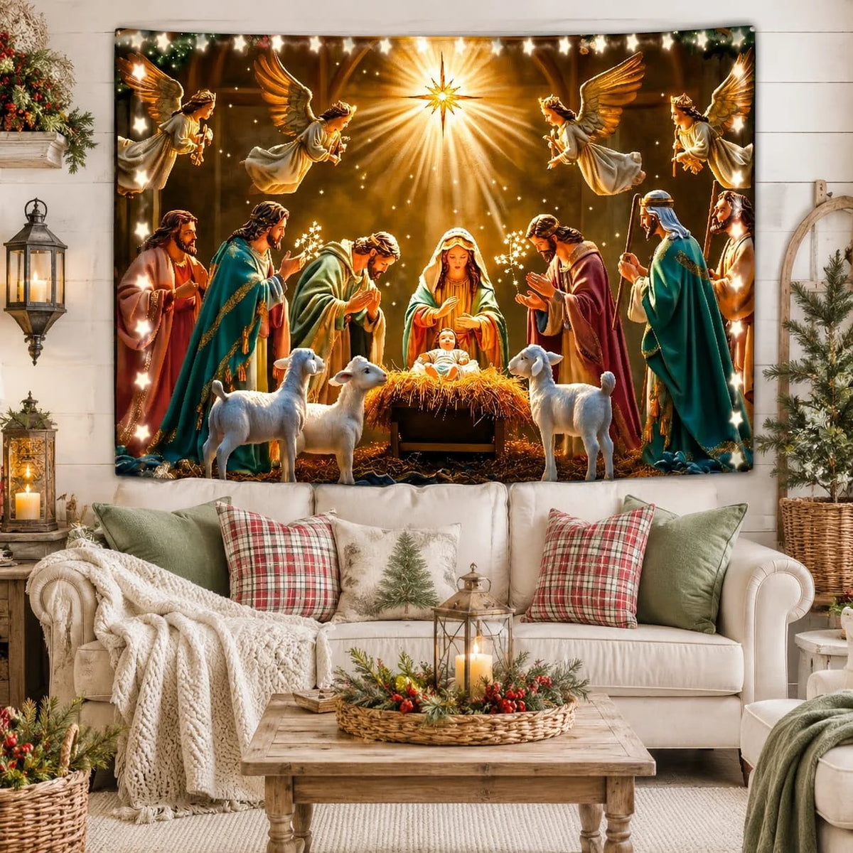 Nativity Scene Tapestry, Christmas Religious Wall Hanging Decor