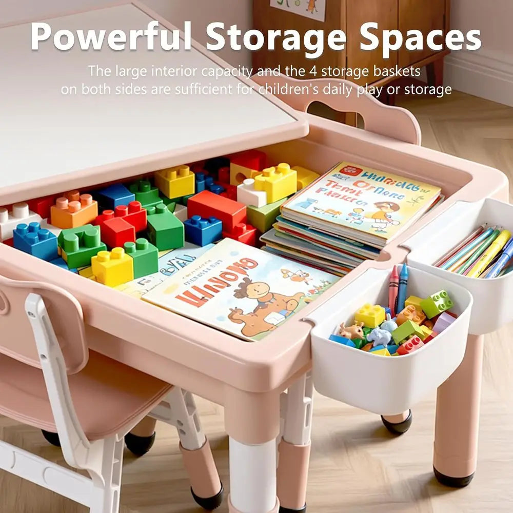Kids Table & 4 Chairs Set, Height Adjustable Children Activity Table w/Storage, Graiti & Building Blocks Tabletop, Toddler urnit