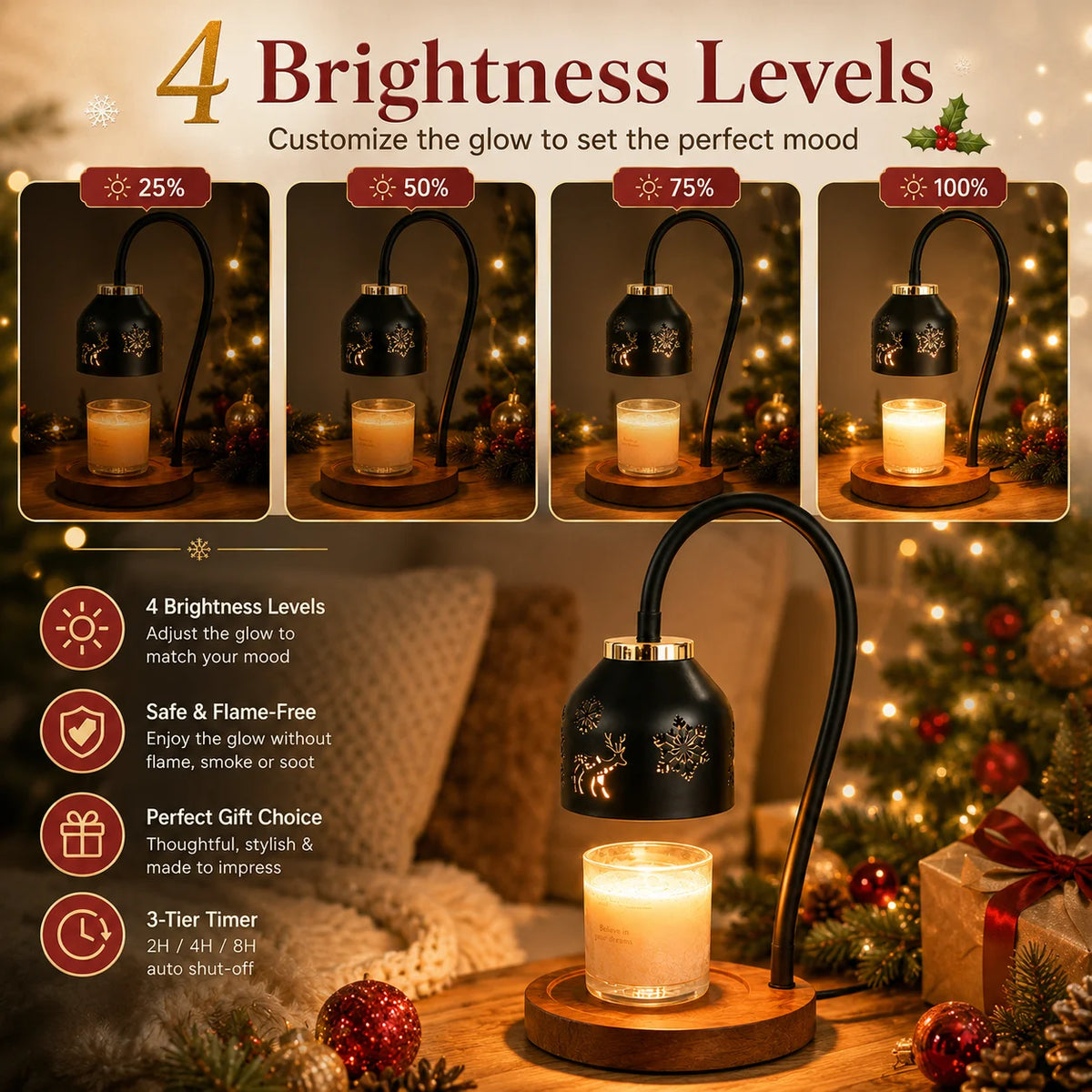 Christmas Snowflake Deer Candle Warmer Lamp With Timer And Dimming