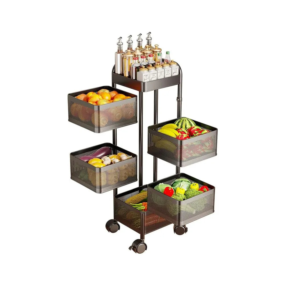 4 5 Tier Rotating Kitchen Storage Cart Thickened Carbon Steel With Wheels Top Lid Fruit Vegetable Basket Mobile Produce Organizer Utility Rack For Bathroom Living Room No Assembly Required