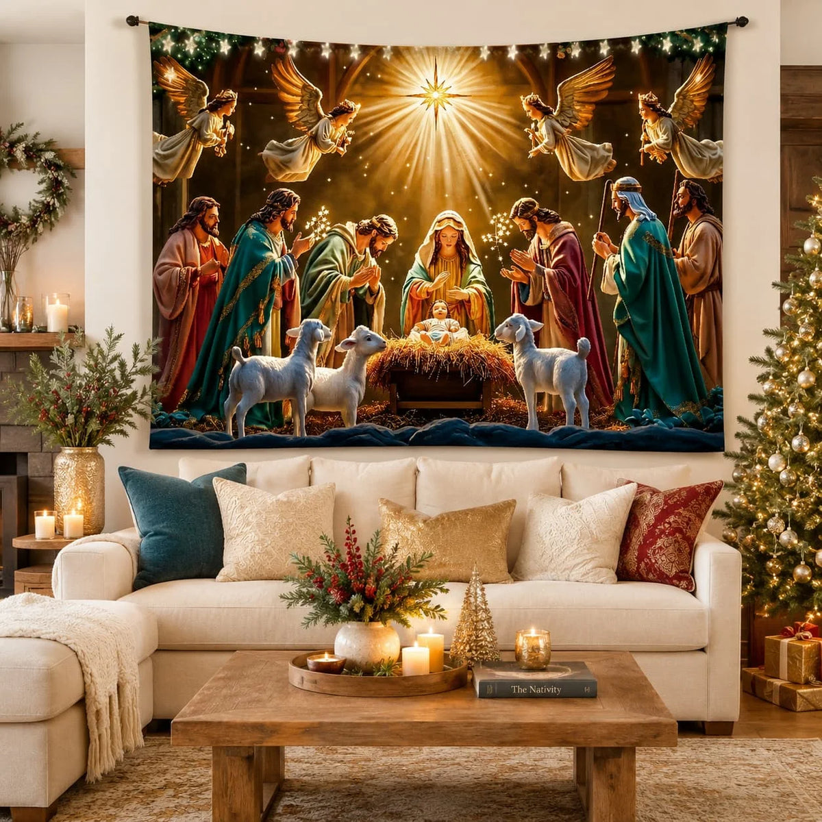 Nativity Scene Tapestry, Christmas Religious Wall Hanging Decor