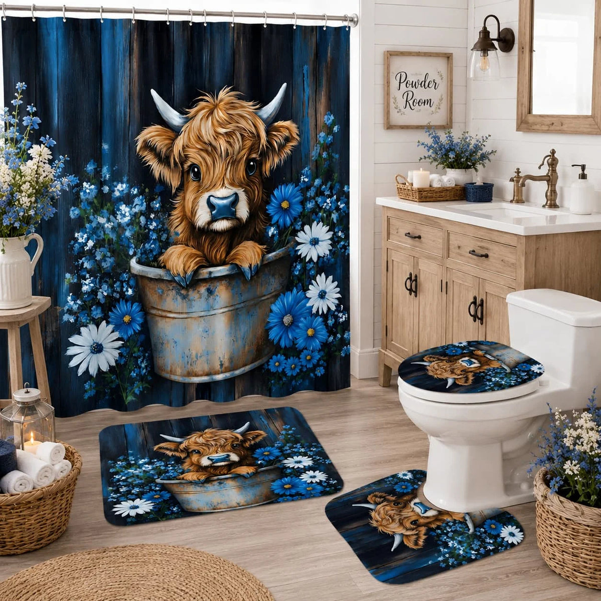 Highland Cow Scottish Farmhouse Bathroom Shower Curtain Set