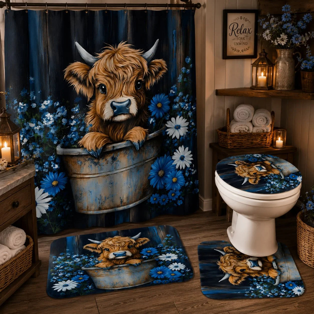 Highland Cow Scottish Farmhouse Bathroom Shower Curtain Set