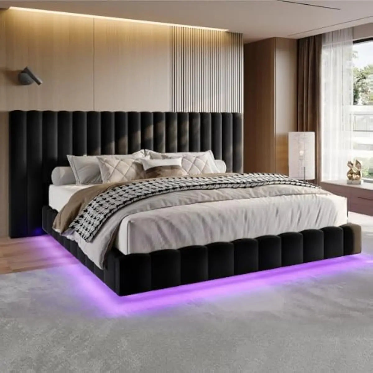 Tufted Velvet Upholstered Bed Frame With LED Lights And Storage