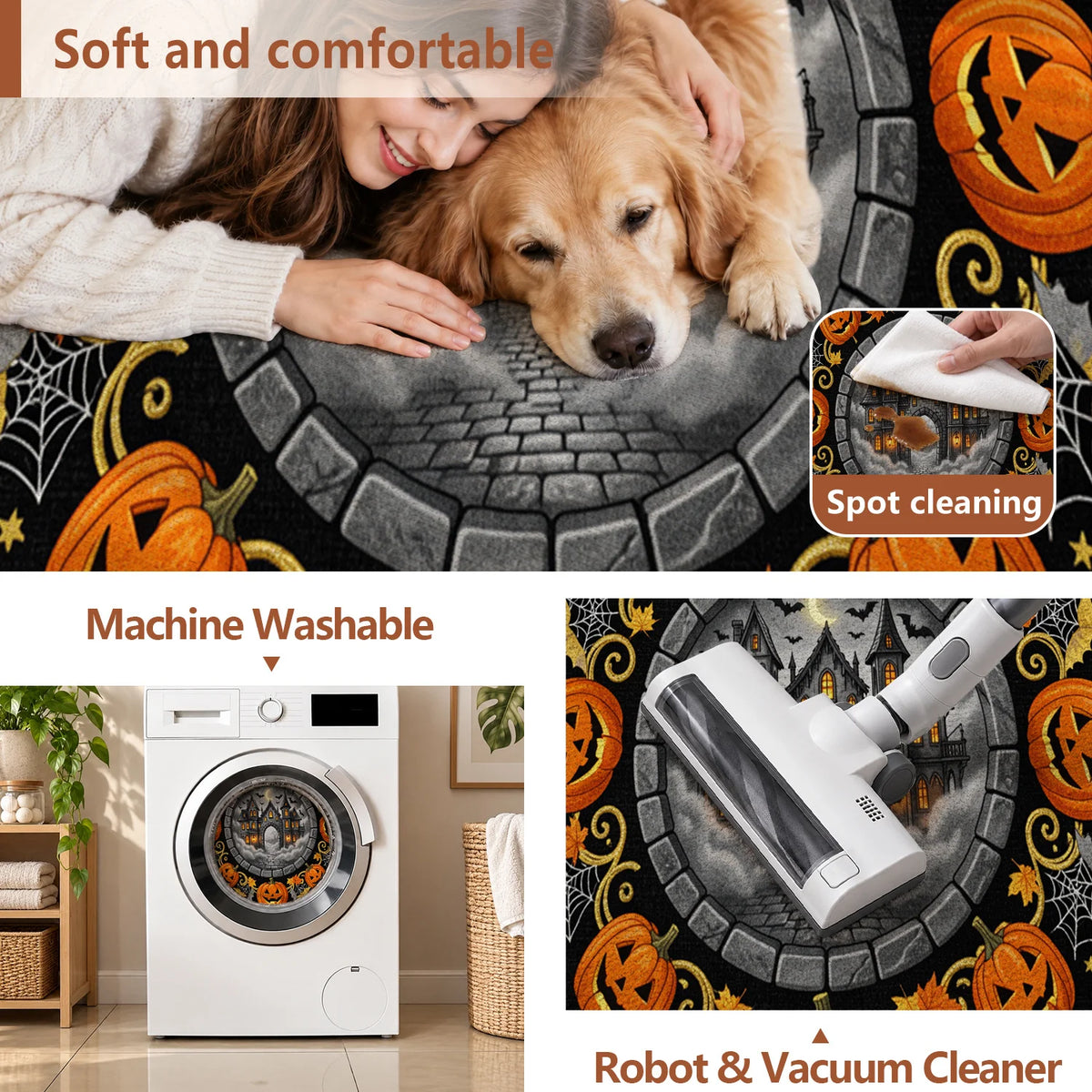 Halloween Pumpkin Haunted House Round Velvet Rug Machine Washable For Home