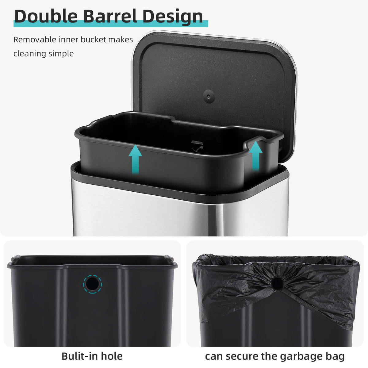 20/50L Stainless Steel Kitchen Trash Can Soft-Close Lid - Removable Inner Bucket Hands-Free Step Pedal,Rectangular Wastebasket for Kitchen, Office, Bathroom, Bedroom