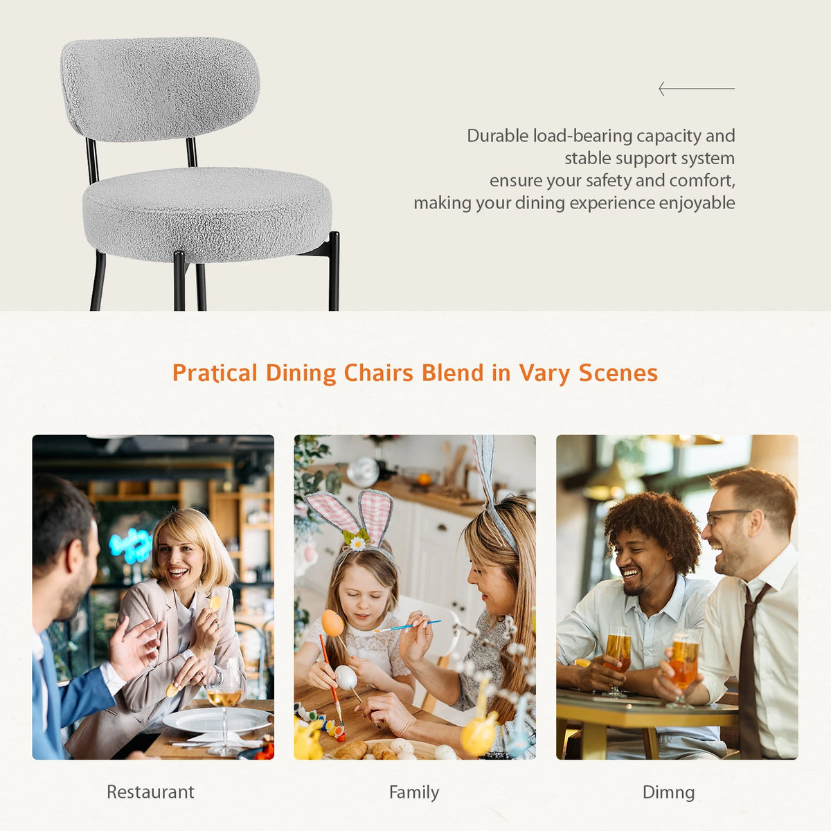 JHK Ergonomic Dining Chairs with Curved Backrests and Metal Legs
