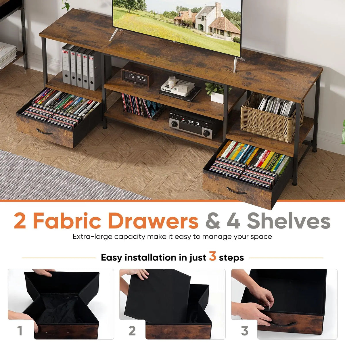 JHK Wooden TV Stand Entertainment Center With Adjustable Storage Shelves