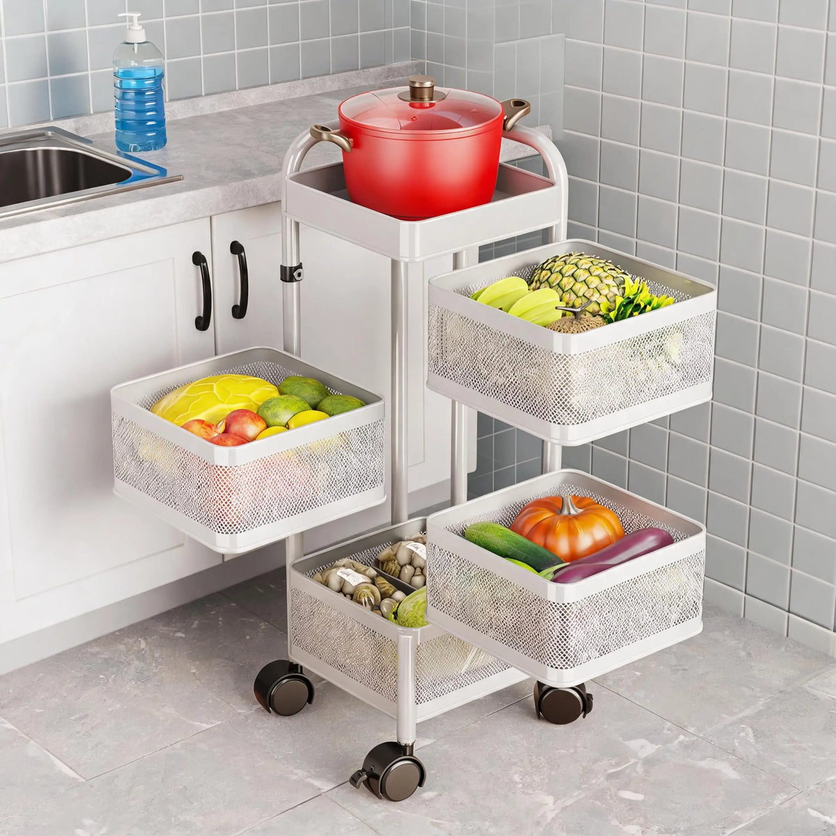 4 5 Tier Rotating Kitchen Storage Cart Thickened Carbon Steel With Wheels Top Lid Fruit Vegetable Basket Mobile Produce Organizer Utility Rack For Bathroom Living Room No Assembly Required