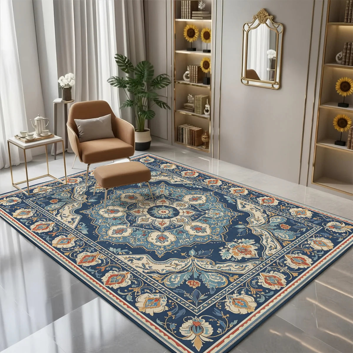 Vintage Persian Floral Velvet Rug, Machine Washable Non Slip Carpet