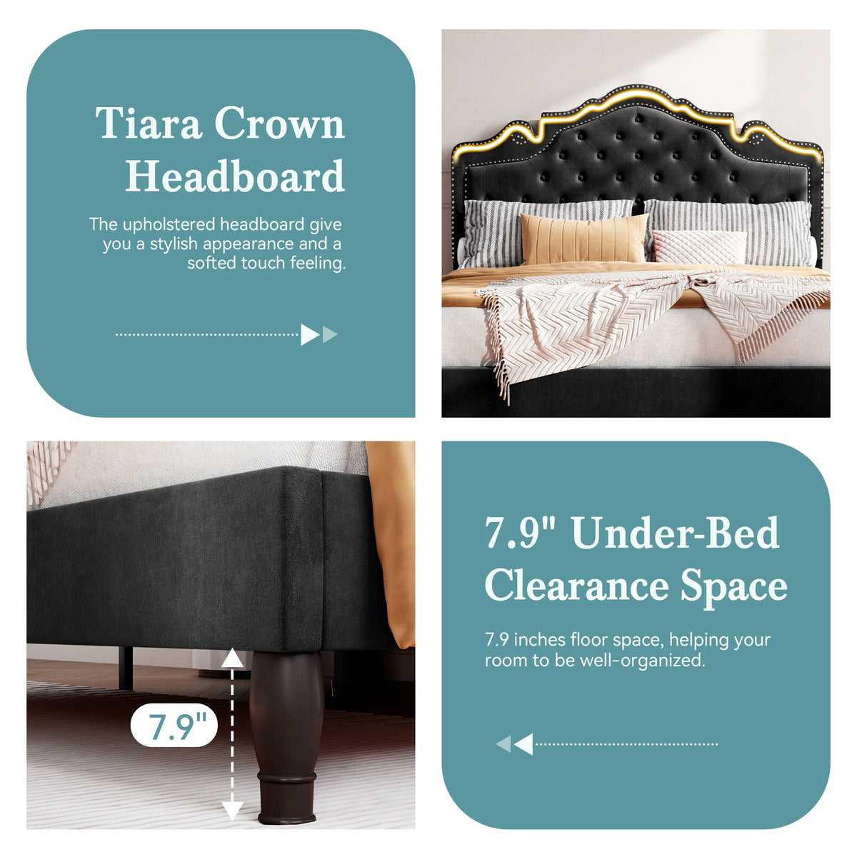 HOOMIC Bed Frame with Adjustable Velvet Tiara Headboard, Upholstered Diamond Button Tufted Platform Bed, Wood Slats Support,