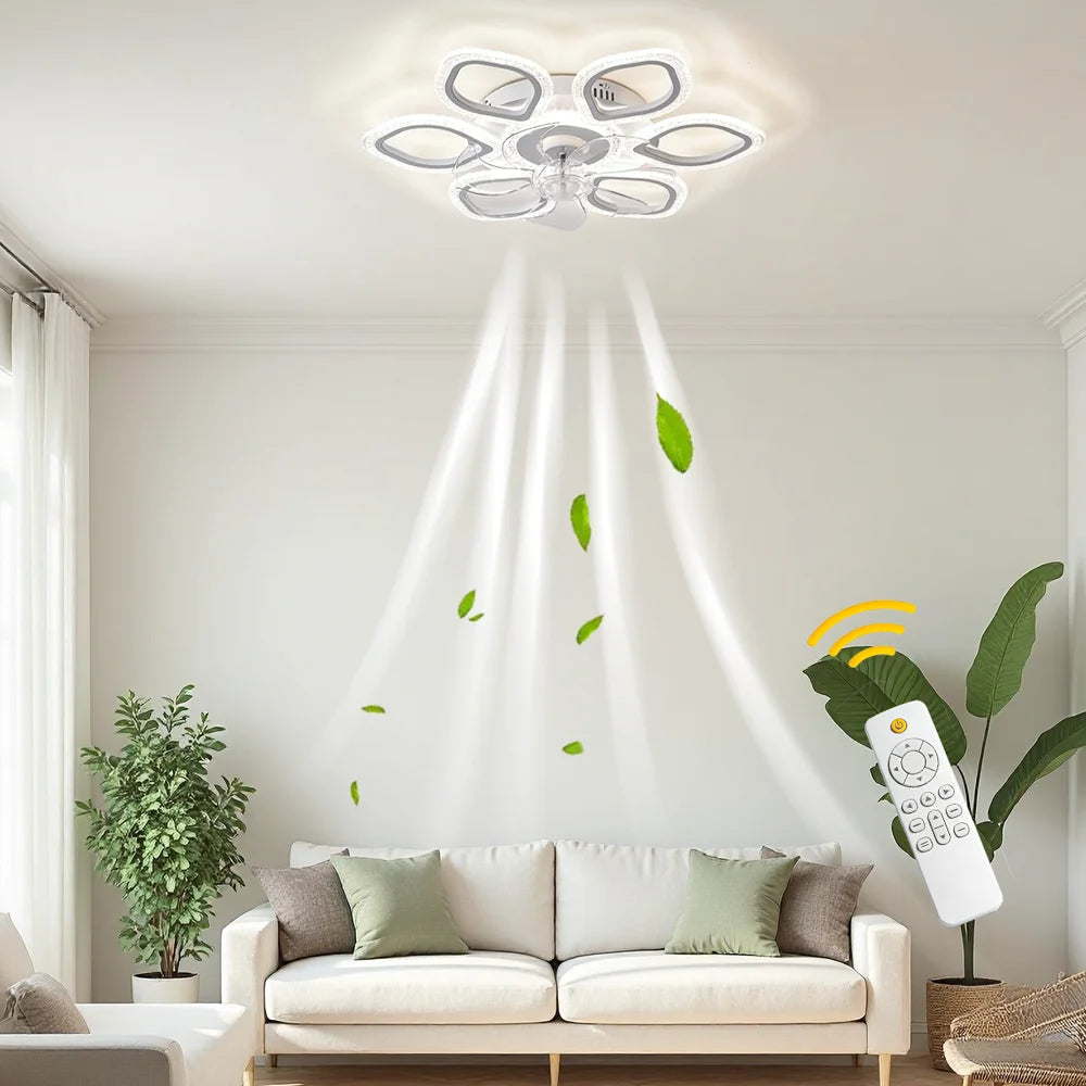 Ceiling Fan Light with 6-Petal Design, 6 Wind Speed Settings, Stepless Dimming, Timer Function, Reversible Motor, Suitable for Both Winter and Summer Use, Ideal for Bedrooms, Living Rooms, and above Dining Tables