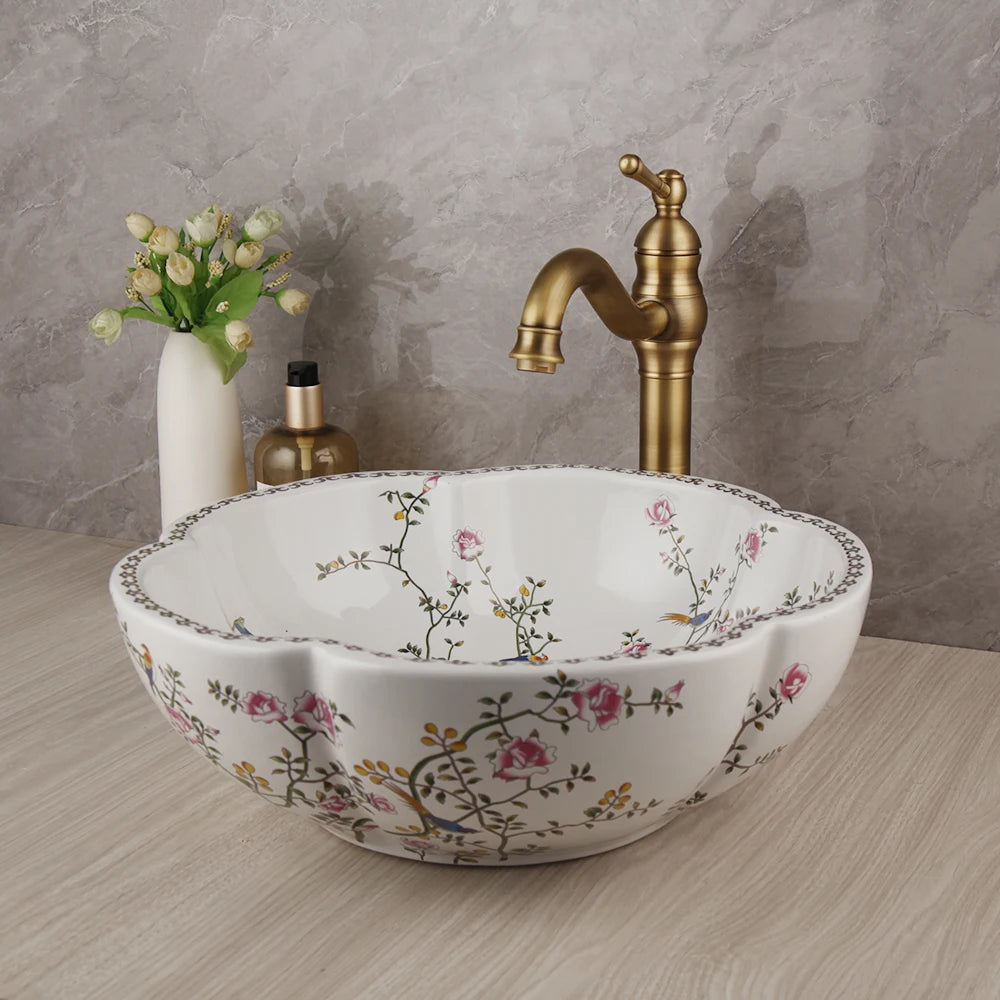 MEKKHALA Floral Ceramic Vessel Sink Set With Waterfall Faucet Combo