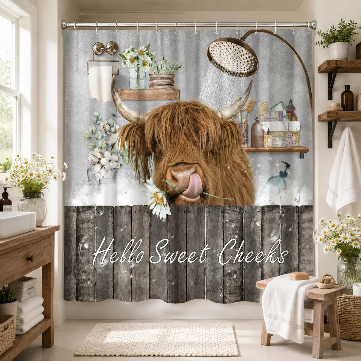 Farmhouse Highland Cow Polyester Shower Curtain for Bathroom Decor