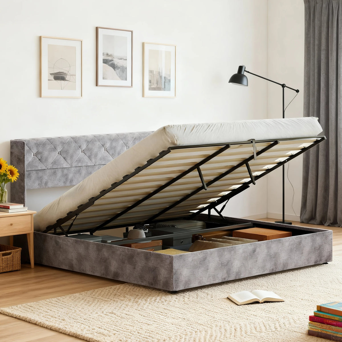 MCQ Upholstered Lift Up Storage Bed Frame With Wingback Headboard