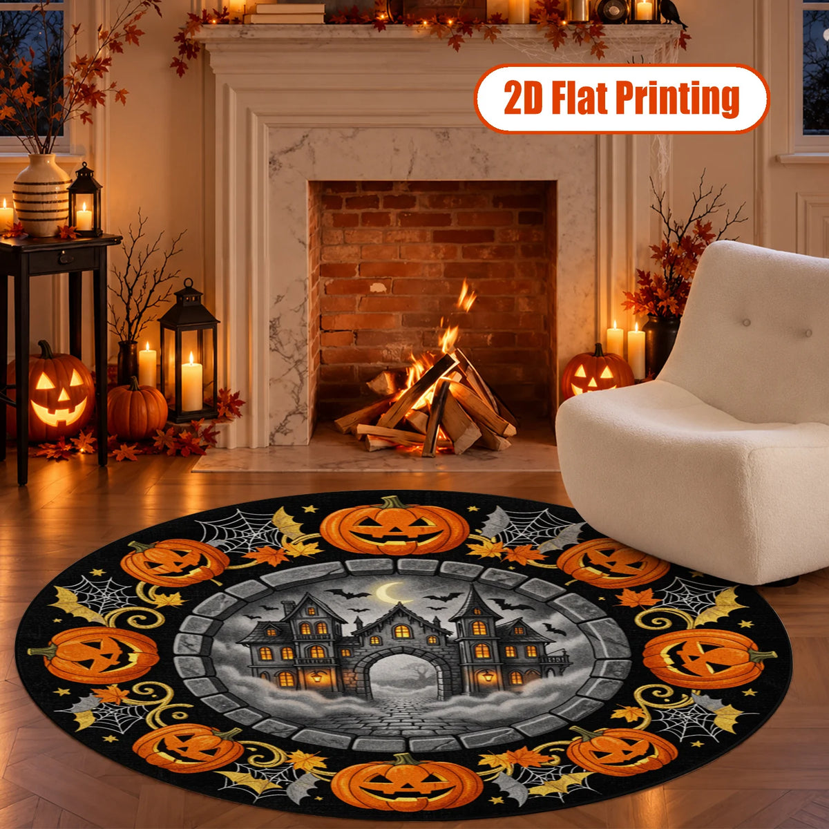 Halloween Pumpkin Haunted House Round Velvet Rug Machine Washable For Home