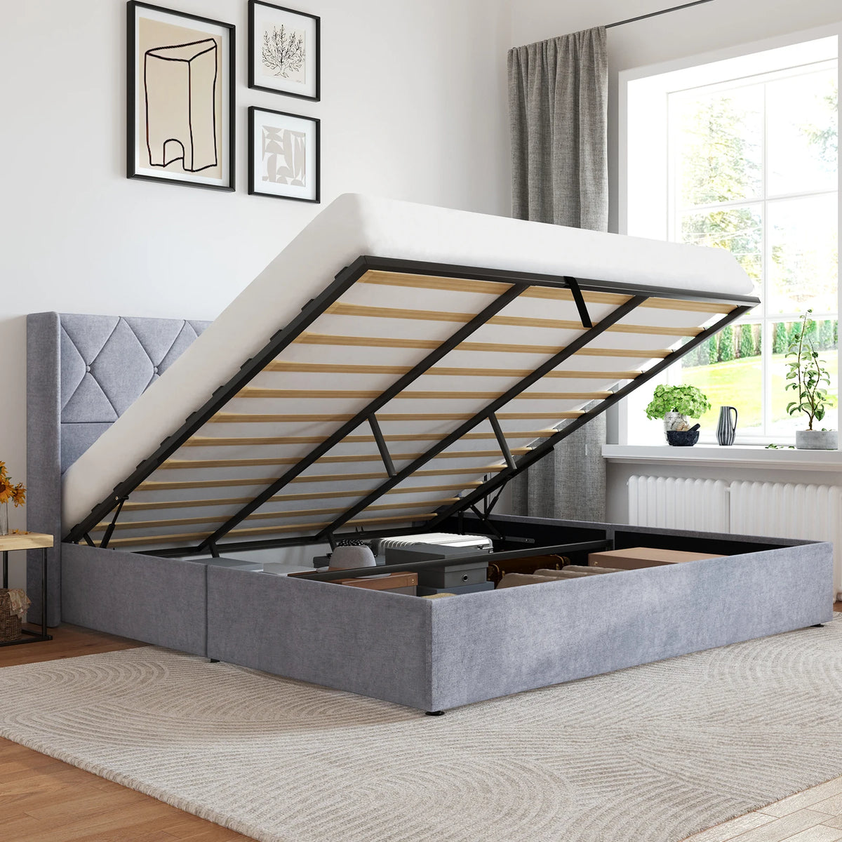 JHK Lift Up Storage Bed Modern Upholstered Platform Bed Frame with Wingback Headboard Hydraulic Lift Storage No Box Spring Needed Easy Assembly For Bedroom
