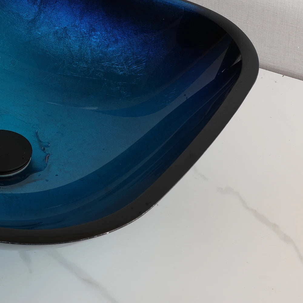 KEMAIDI Artistic Vessel Sink -17 Inch Square Tempered Glass Bowl with Faucet Drain Combo for Above Counter Bathroom Vanity Blue