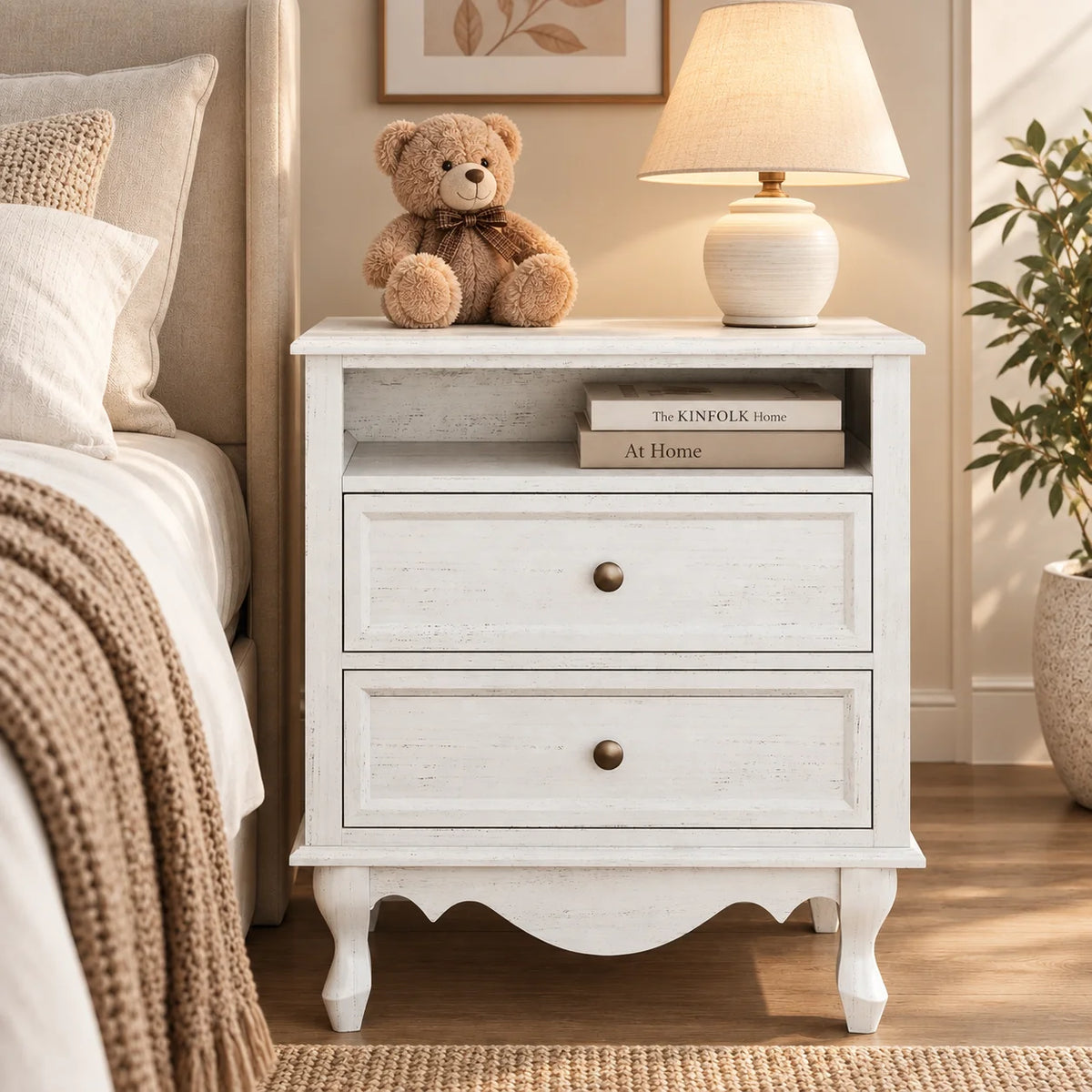 Solid Wood Nightstand, Fully Assembled Night Stand with 2 Drawer & Open Shelf Storage, Bedside Table with Charging Station, Mid-Century Modern End Table for Bedroom