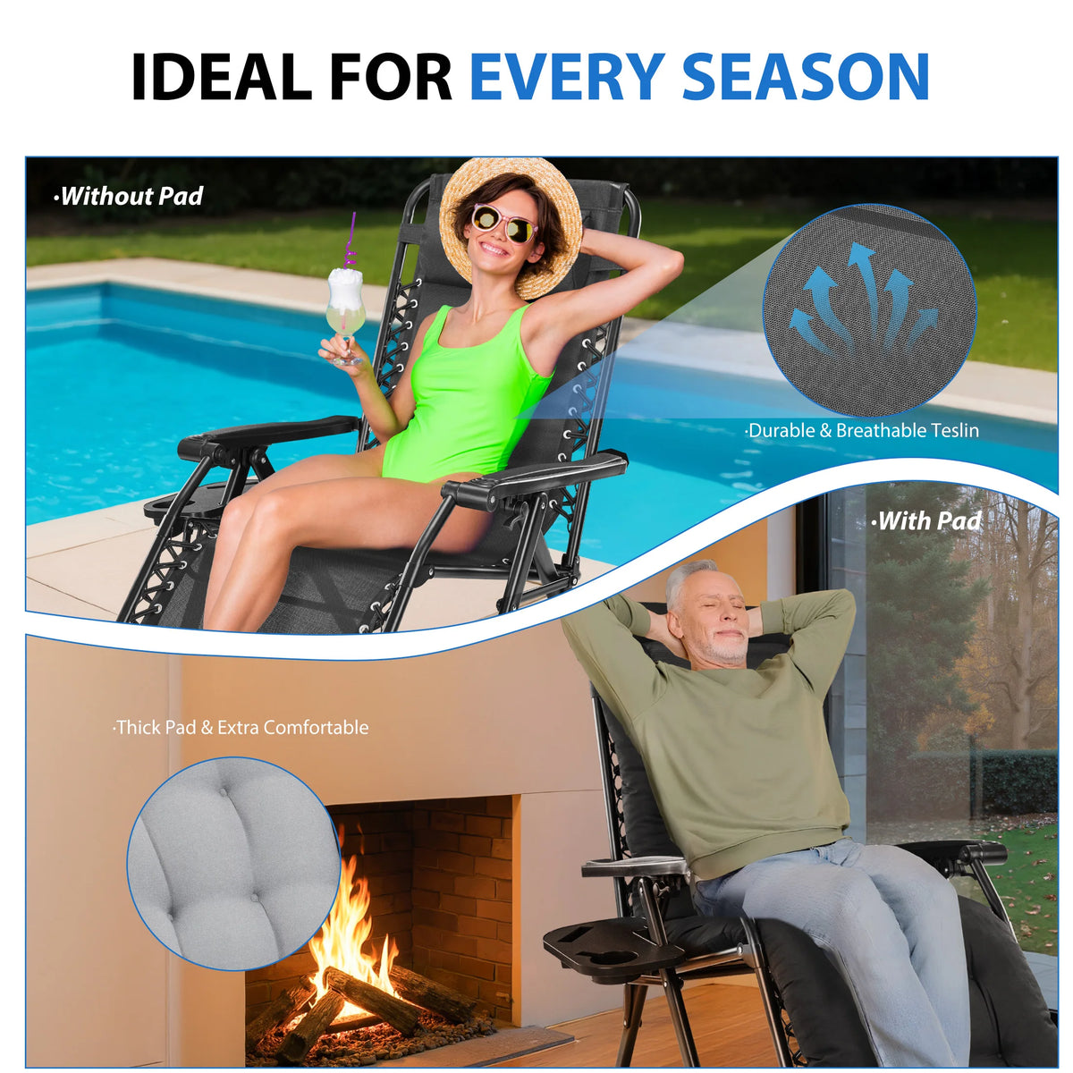 MCQ Zero Gravity Cushioned Folding Lounge Chair With Cup Holder Cooler Bag