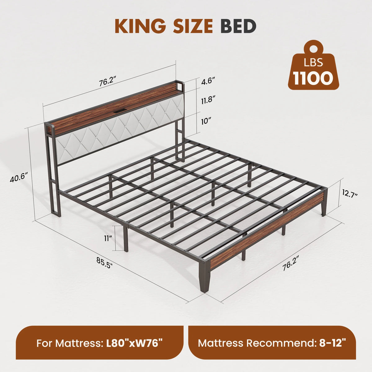 JHK King Size Soft Pack Heavy Duty Metal Bed Frame with Headboard Charging Station 1100lbs Capacity Easy Assembly For Bedroom