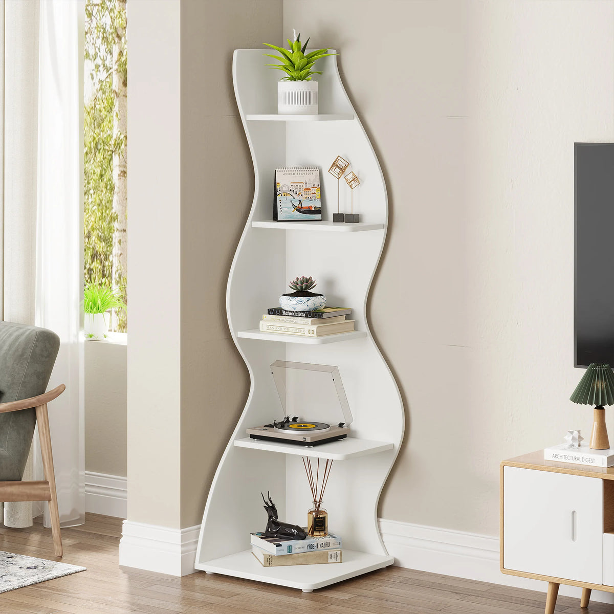 Tribesigns Modern Five Tier Corner Bookshelf Storage and Plant Stand