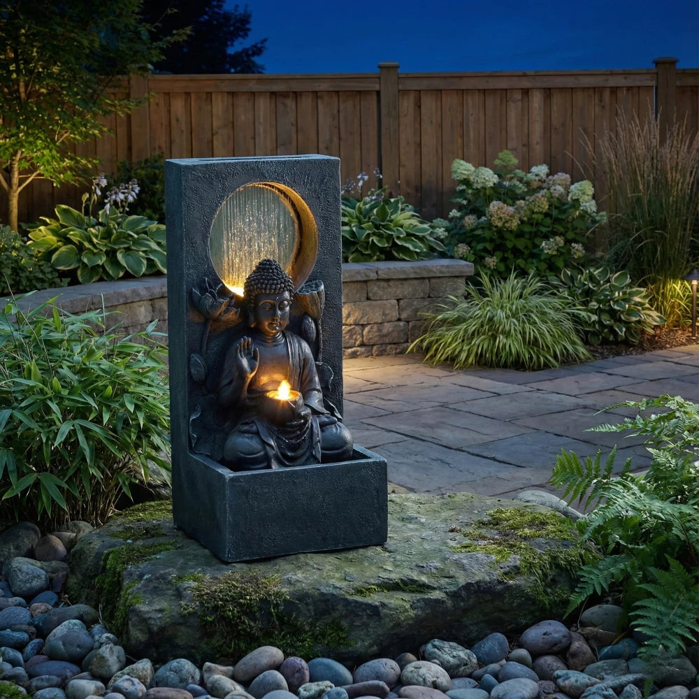 Zen Buddha Waterfall Fountain with LED for Garden Patio Decor