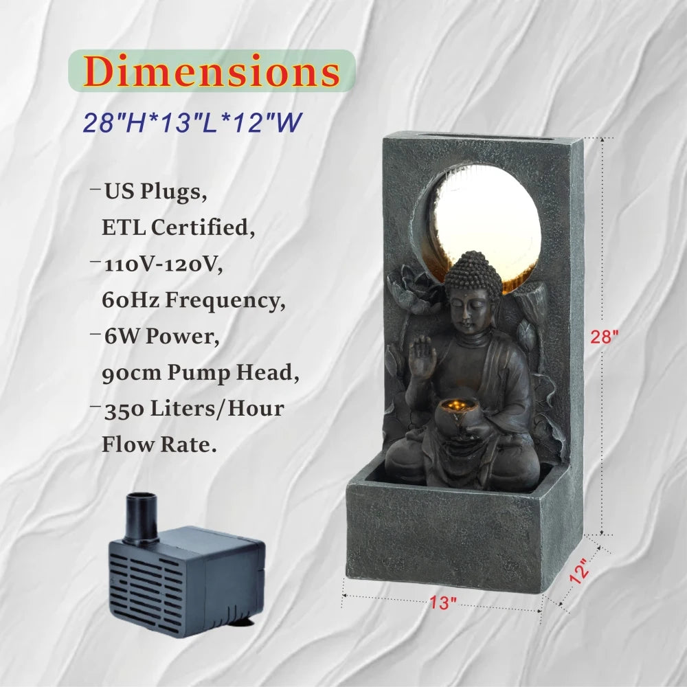 Zen Buddha Waterfall Fountain with LED for Garden Patio Decor