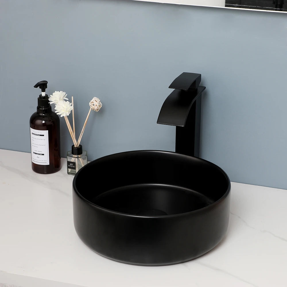 MEKKHALA Round Ceramic Above Counter Bathroom Sink With Faucet Set
