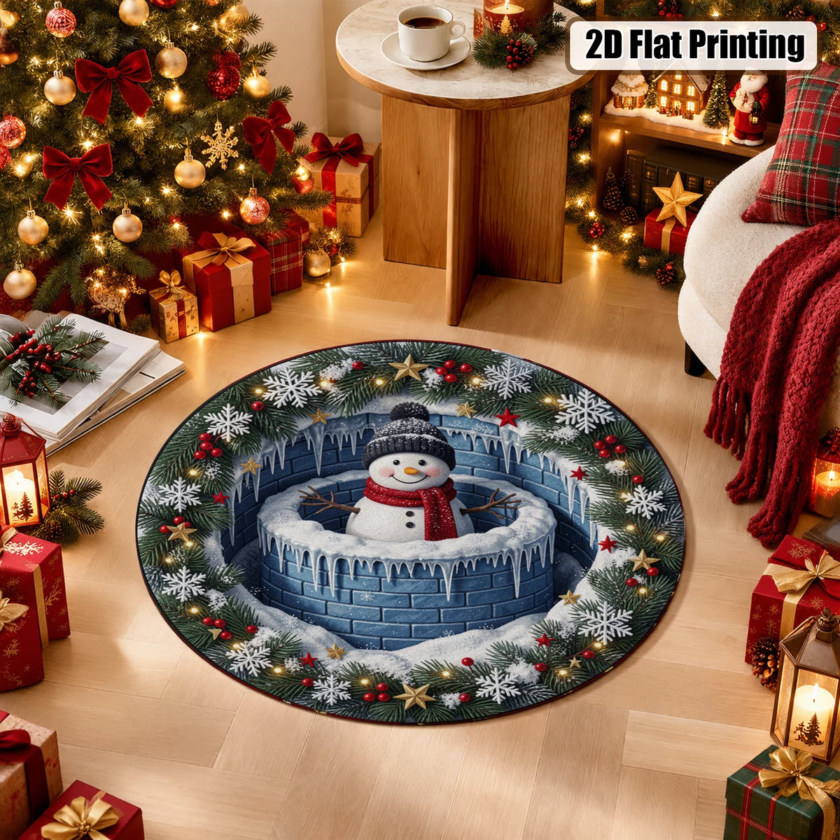 Winter Snowman Velvet Rug With Snowflake Pattern And Rubber Backing