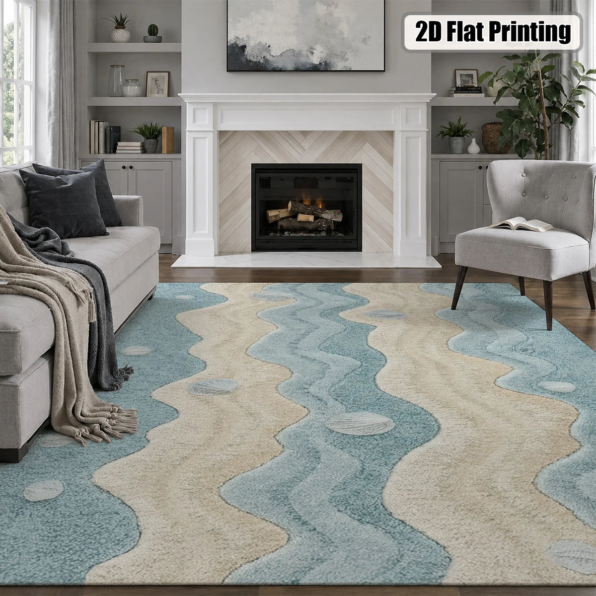 Machine Washable Coastal Wave Seashell Rug With Non Slip Backing