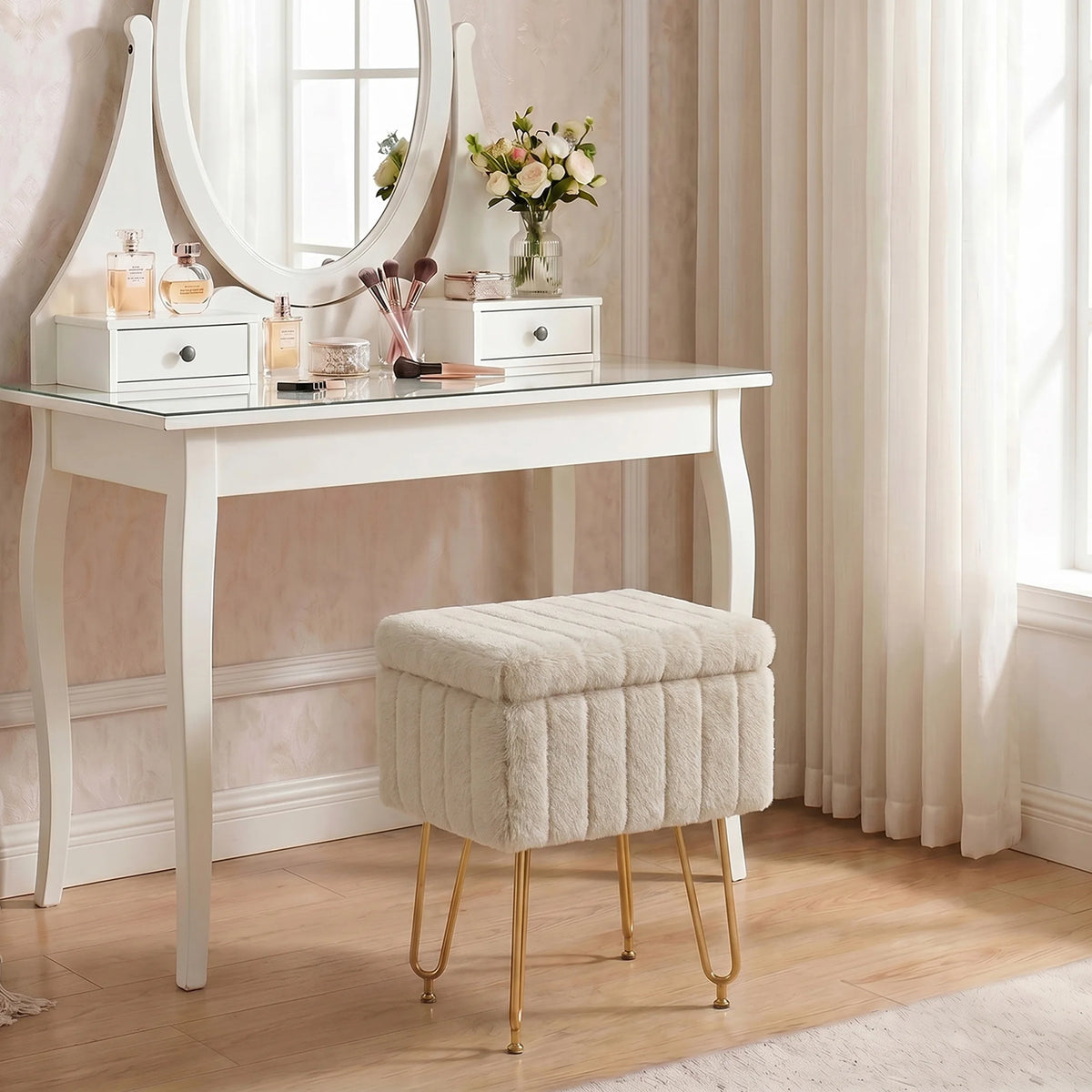 JHK Faux Fur Vanity Stool With Hidden Storage Metal Legs