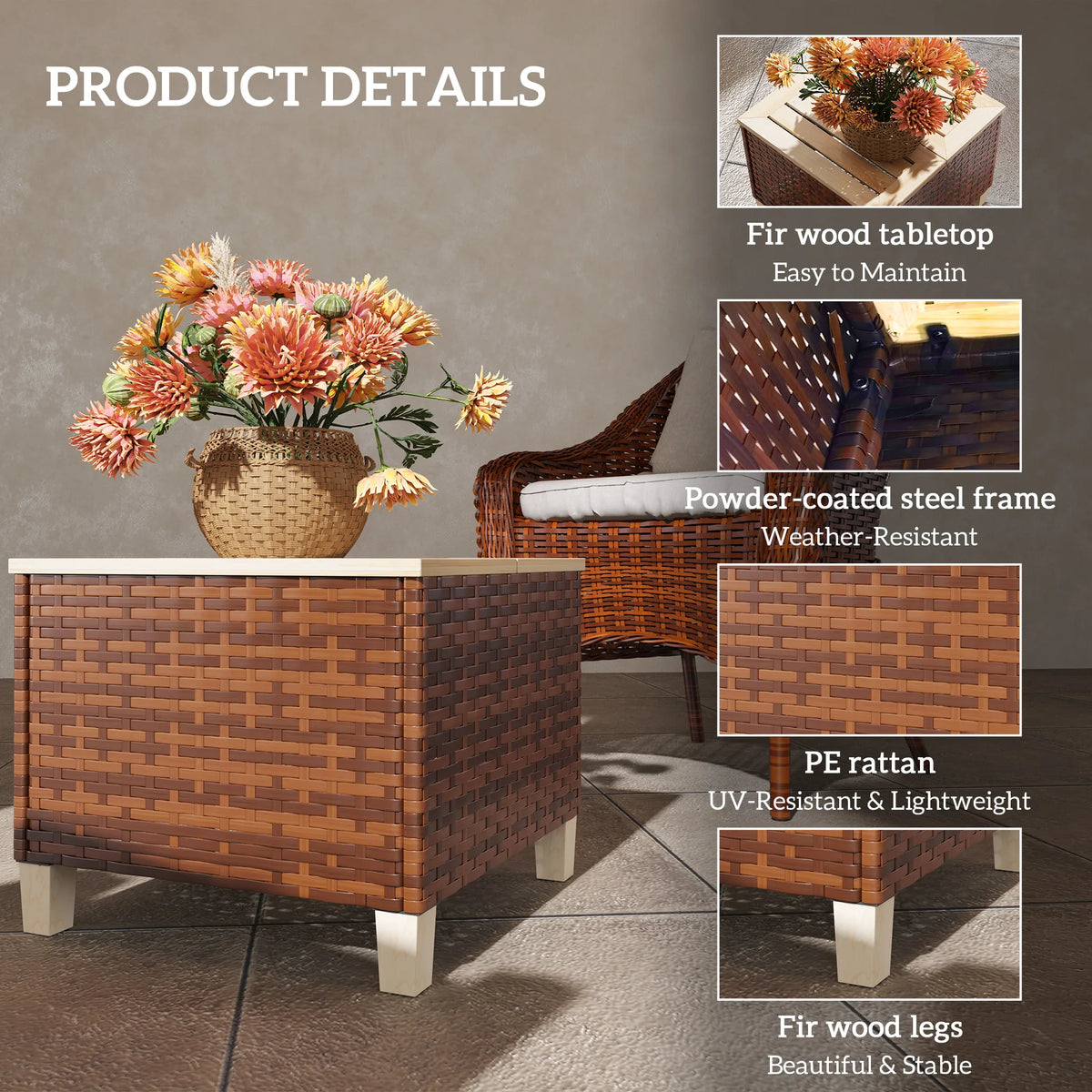 Outsunny Outdoor Side Table With PE Rattan And Wood Top