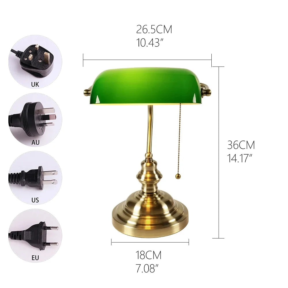 Green glass banker lamp table lamp with Chian switch E27/E26 Desk Lamp