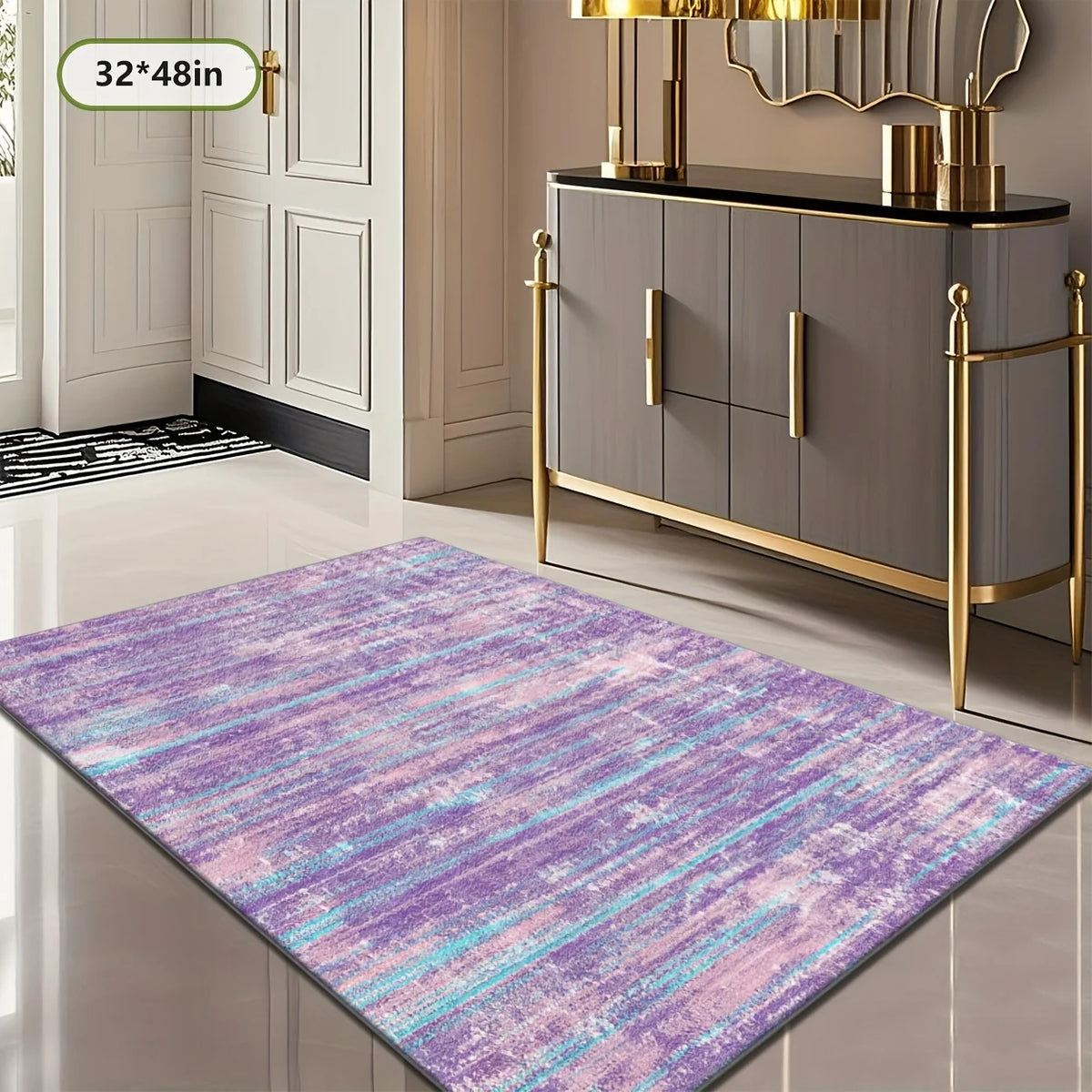 Classic Striped Polyester Area Rug With Non Slip Rubber Backing