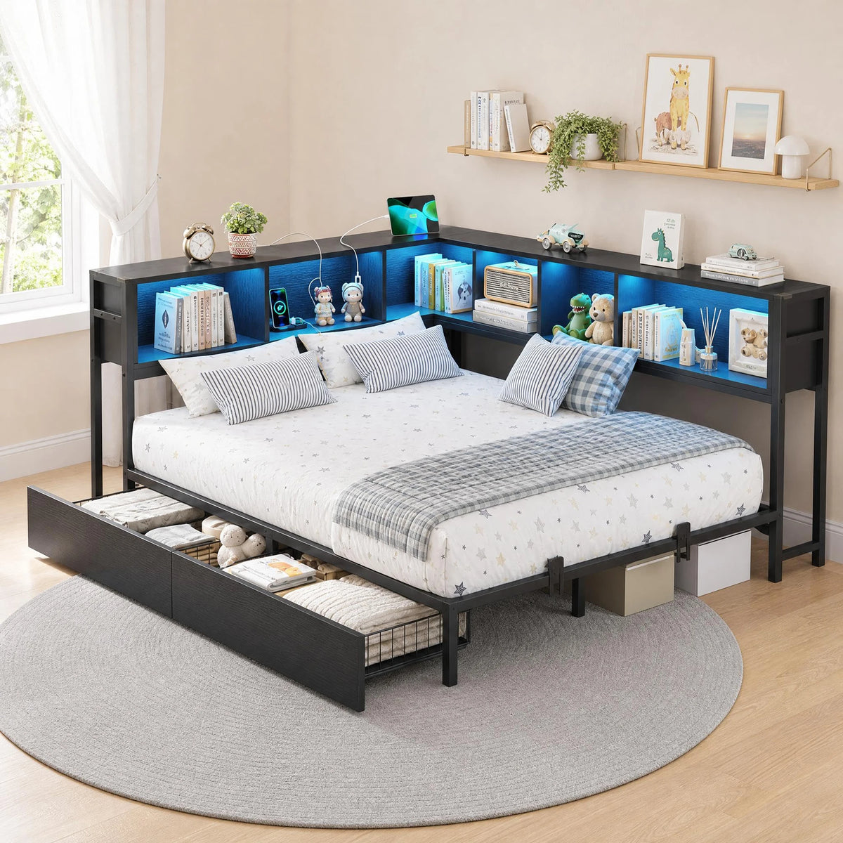 HiMISS Corner Bed Frame With Bookcase Headboard And LED Lights