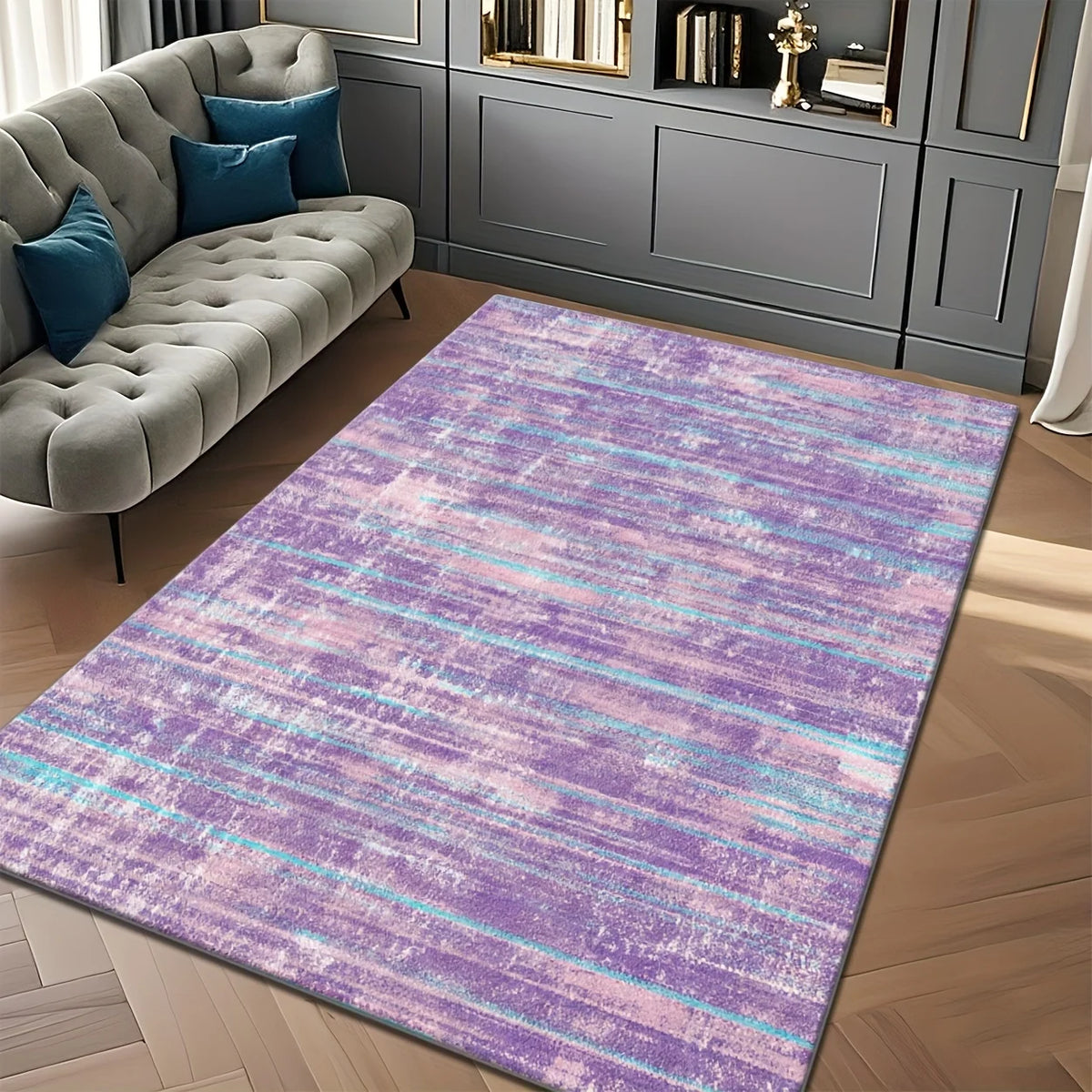 Classic Striped Polyester Area Rug With Non Slip Rubber Backing