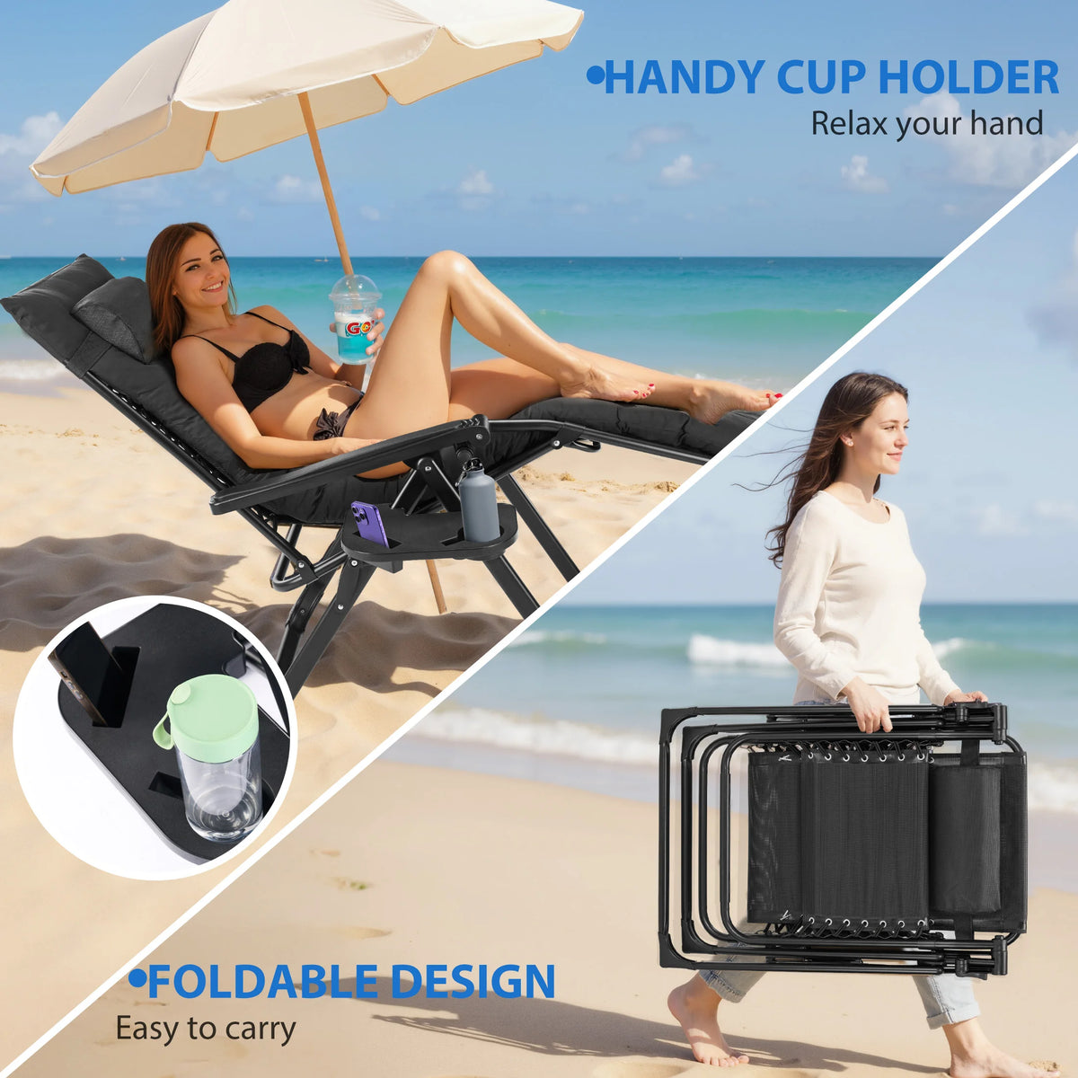 MCQ Zero Gravity Cushioned Folding Lounge Chair With Cup Holder Cooler Bag