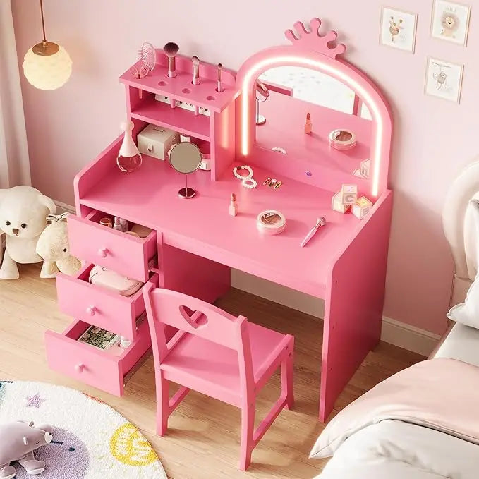 HiMISS Kids Vanity Desk With Lights And Bookshelf Chair Set