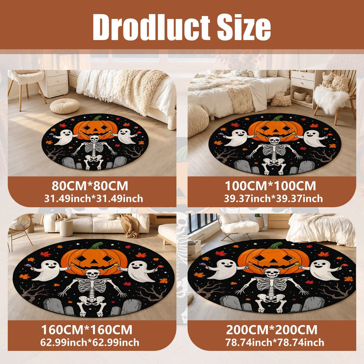 Halloween Pumpkin Ghost Skeleton Round Velvet Mat Machine Washable Decor