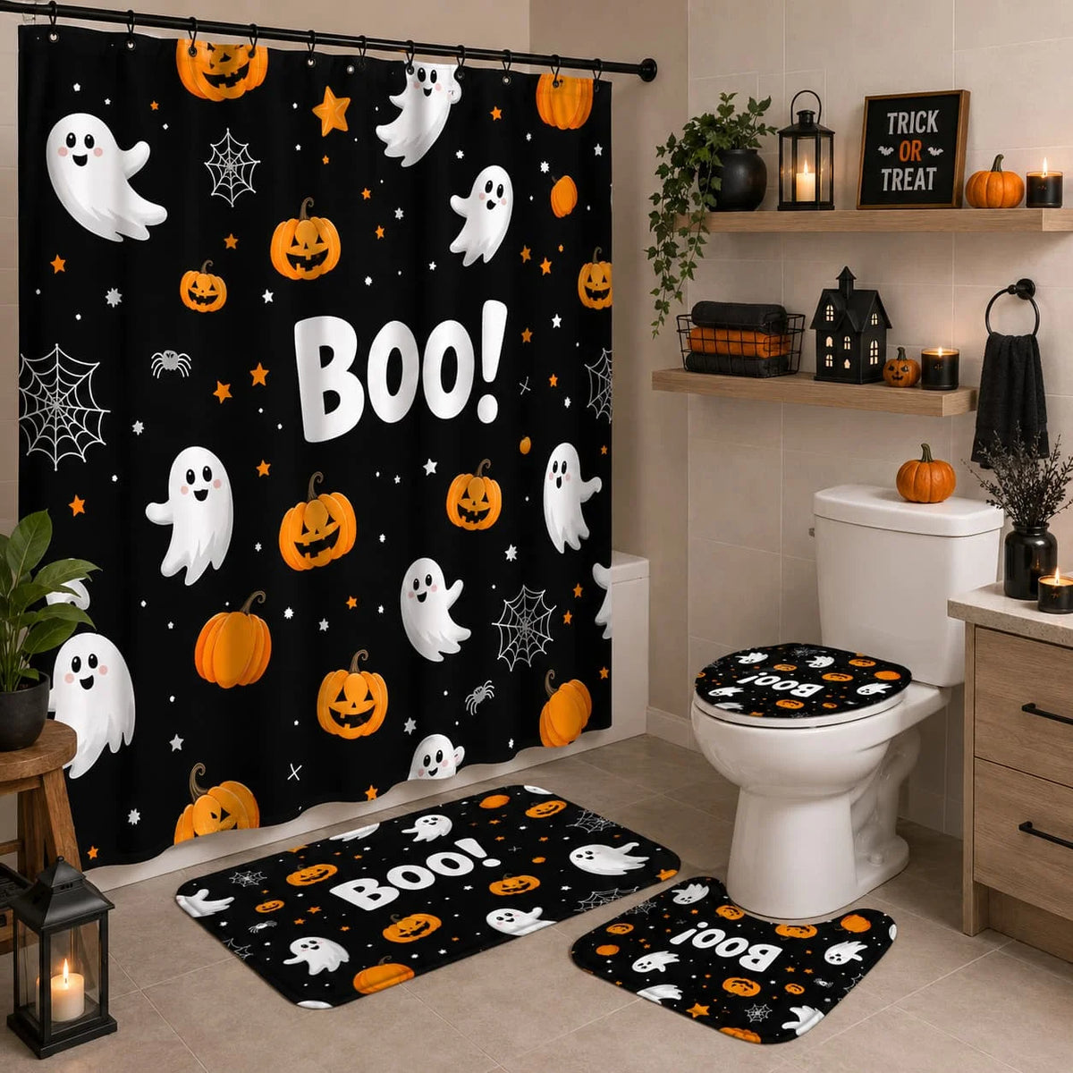 Halloween Pumpkin Ghost Bathroom Shower Curtain Set With Toilet Covers