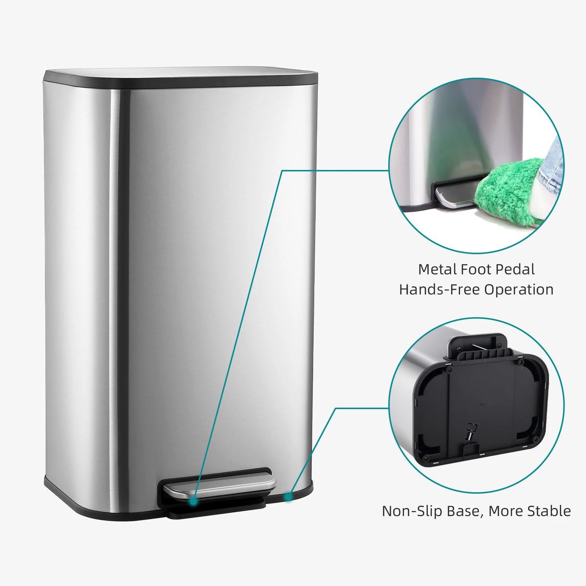 20/50L Stainless Steel Kitchen Trash Can Soft-Close Lid - Removable Inner Bucket Hands-Free Step Pedal,Rectangular Wastebasket for Kitchen, Office, Bathroom, Bedroom
