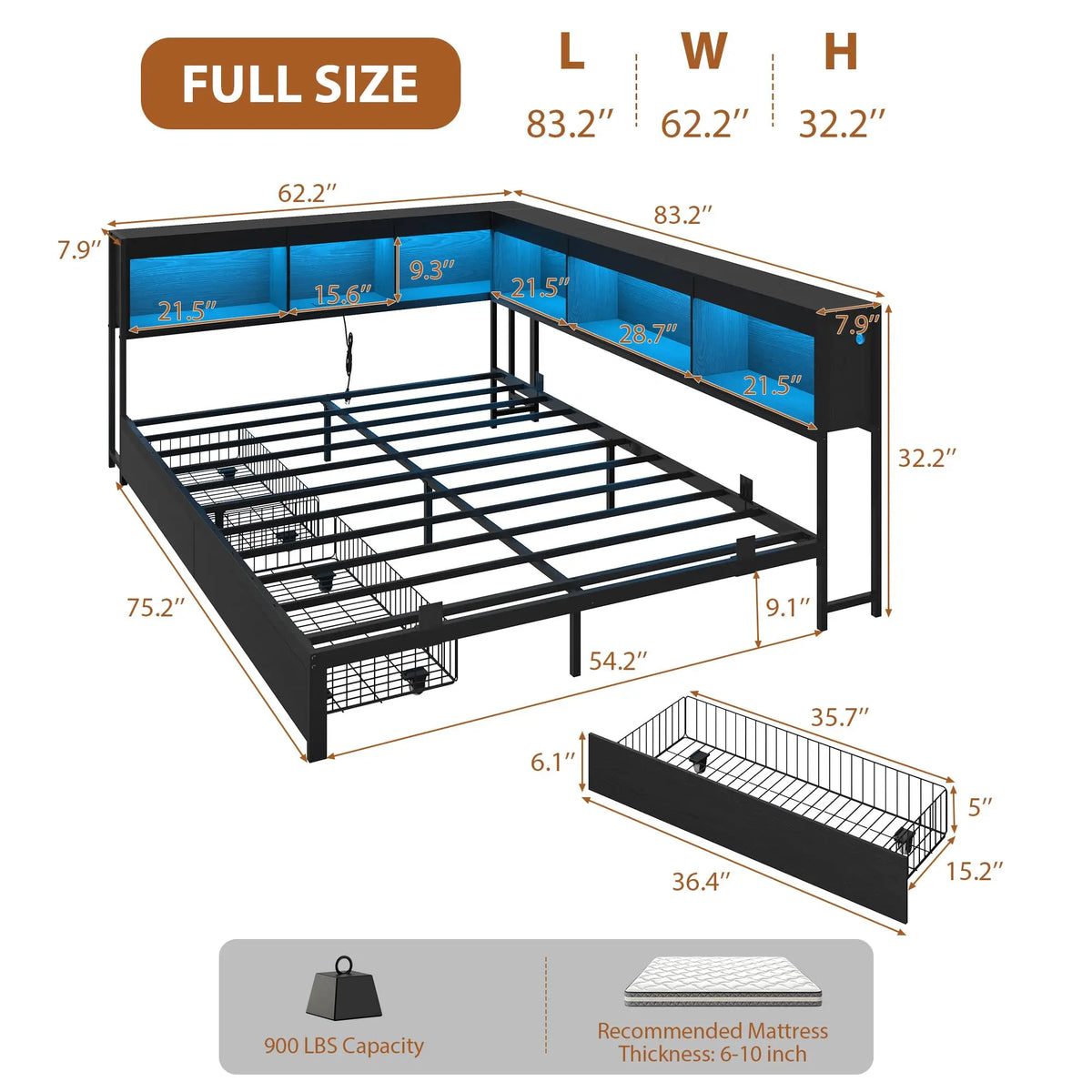 HiMISS Corner Bed Frame With Bookcase Headboard And LED Lights