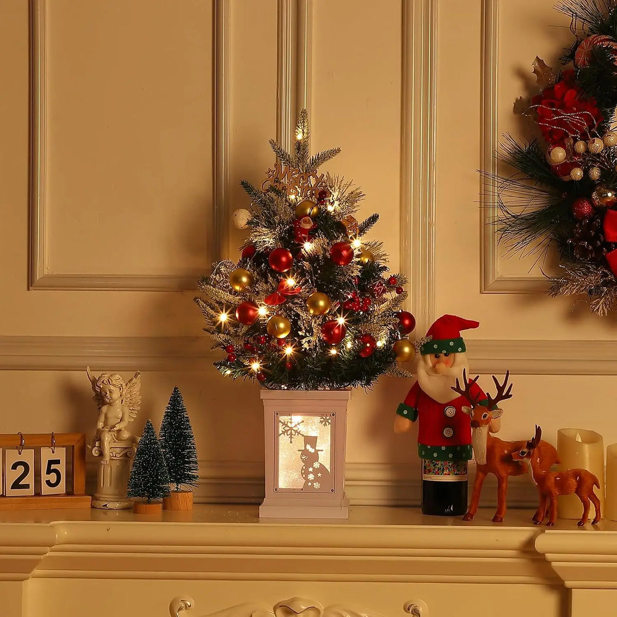 Snow-Flocked Pre-Lit Christmas Tree with Gingerbread Light Base