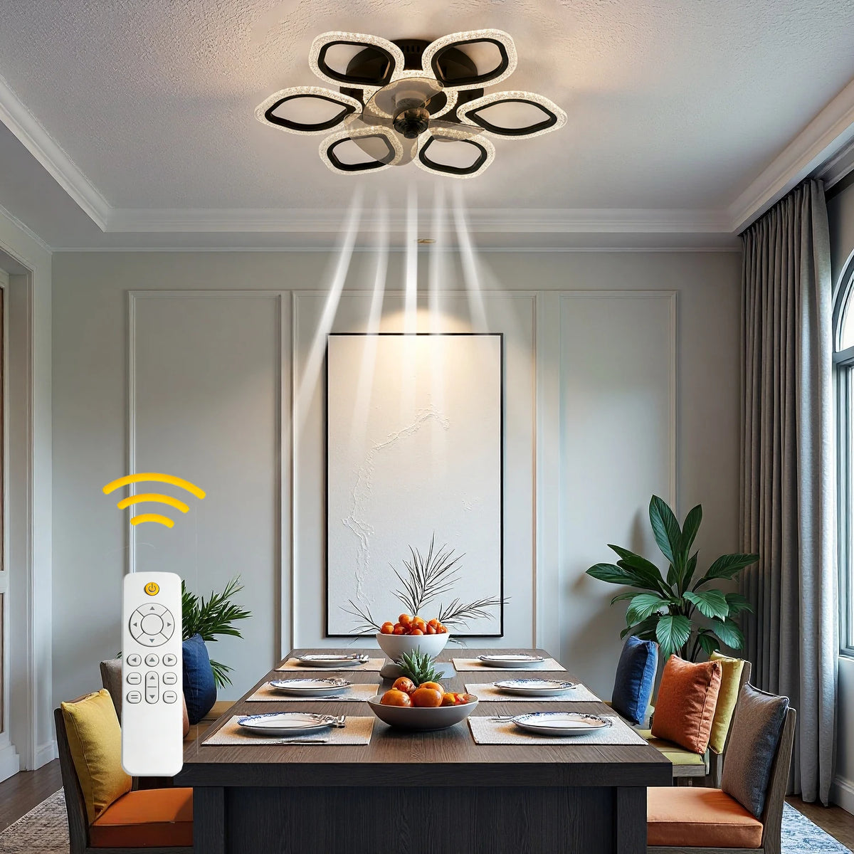 Ceiling Fan Light with 6-Petal Design, 6 Wind Speed Settings, Stepless Dimming, Timer Function, Reversible Motor, Suitable for Both Winter and Summer Use, Ideal for Bedrooms, Living Rooms, and above Dining Tables