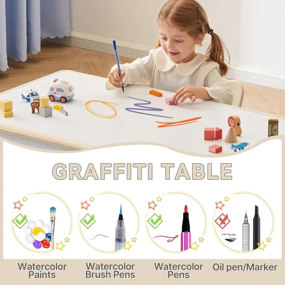 Kids Study Table and Chairs Set, Height Adjustable Toddler Table and Chair Set or Kids Ages 3-8, Graiti Desktop (Burlywood - 1)