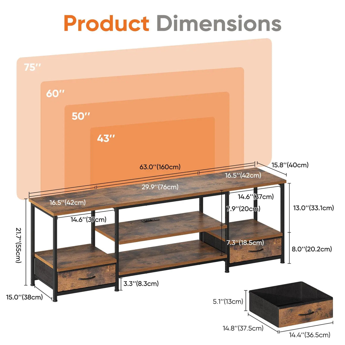 JHK Wooden TV Stand Entertainment Center With Adjustable Storage Shelves