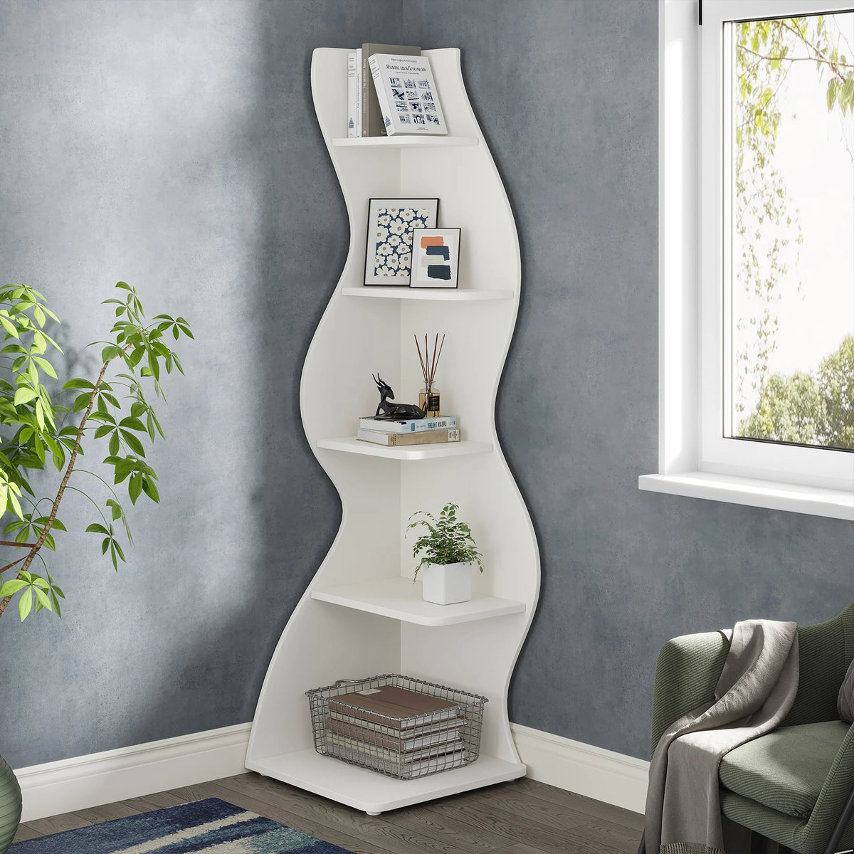 Tribesigns Modern Five Tier Corner Bookshelf Storage and Plant Stand