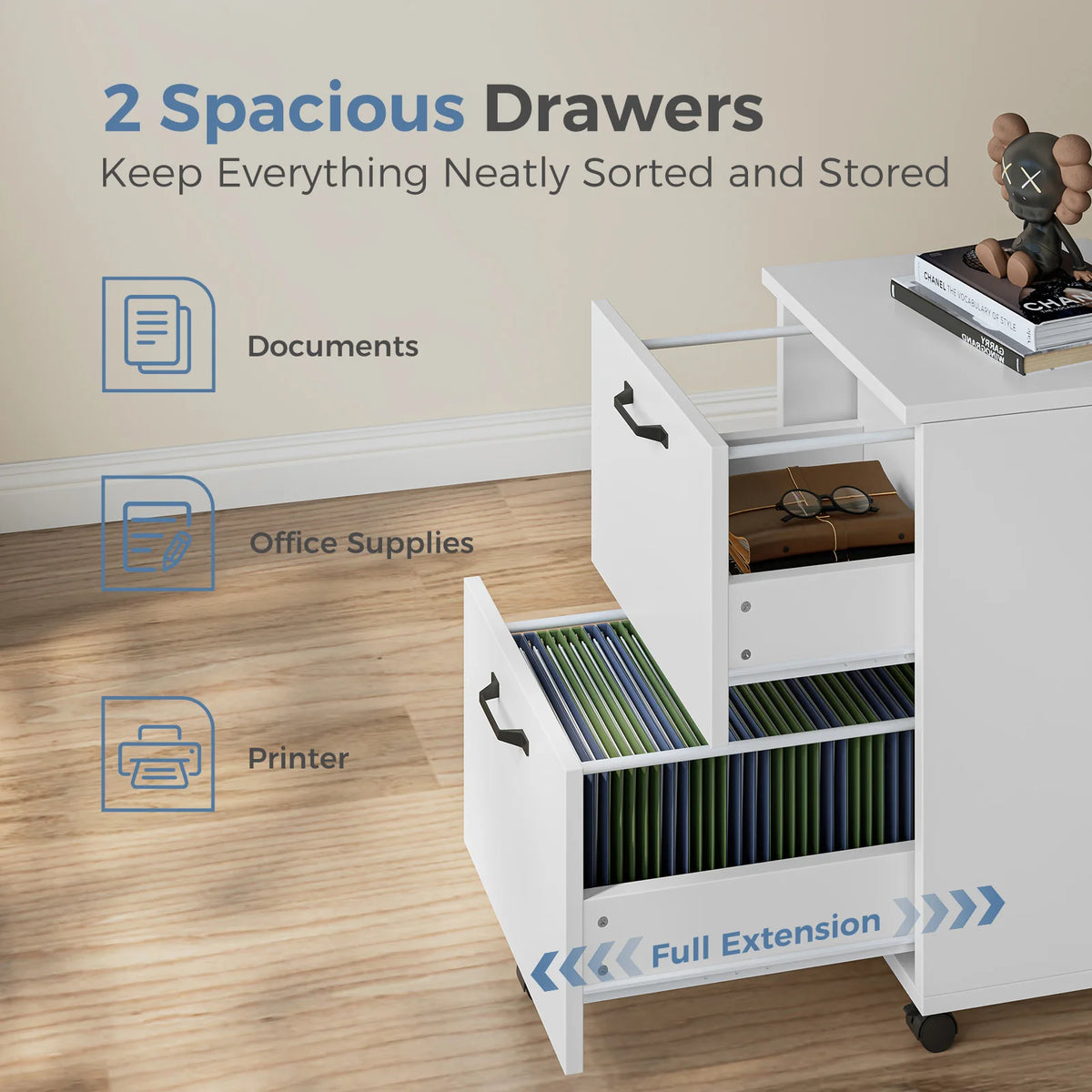 JHK Wooden Rolling File Cabinet With Drawers And Lockable Wheels