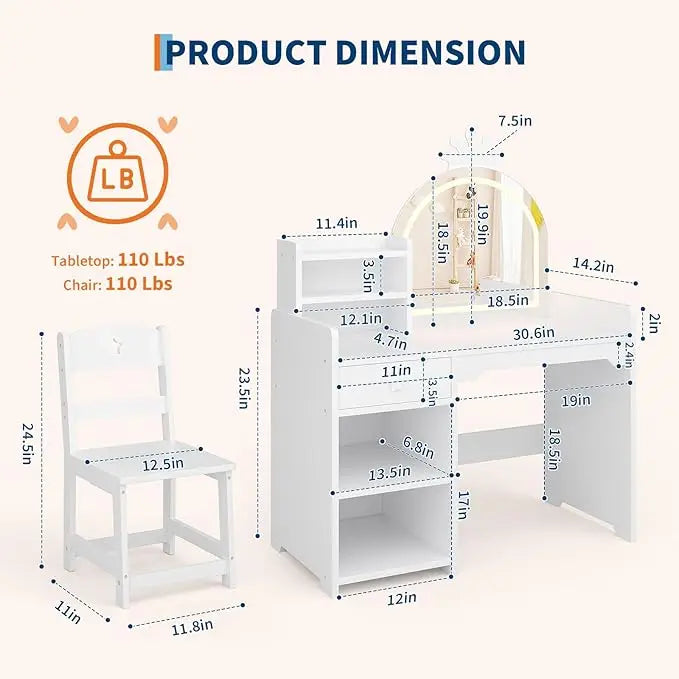 HiMISS Kids Vanity Desk With Lights And Bookshelf Chair Set